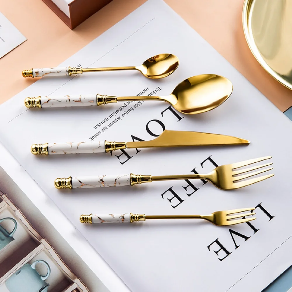 

5-piece stainless steel set, elegant marble pattern tableware set, including knife, fork, spoon, mirror polished