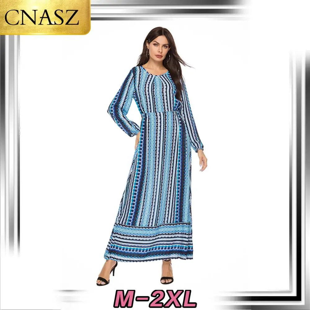 

Dubai Muslim Dress Turkey Abaya Bohemian Print Large Dress Islamic Moroccan Arabic Middle East Moroccan Elegant Evening Clothing