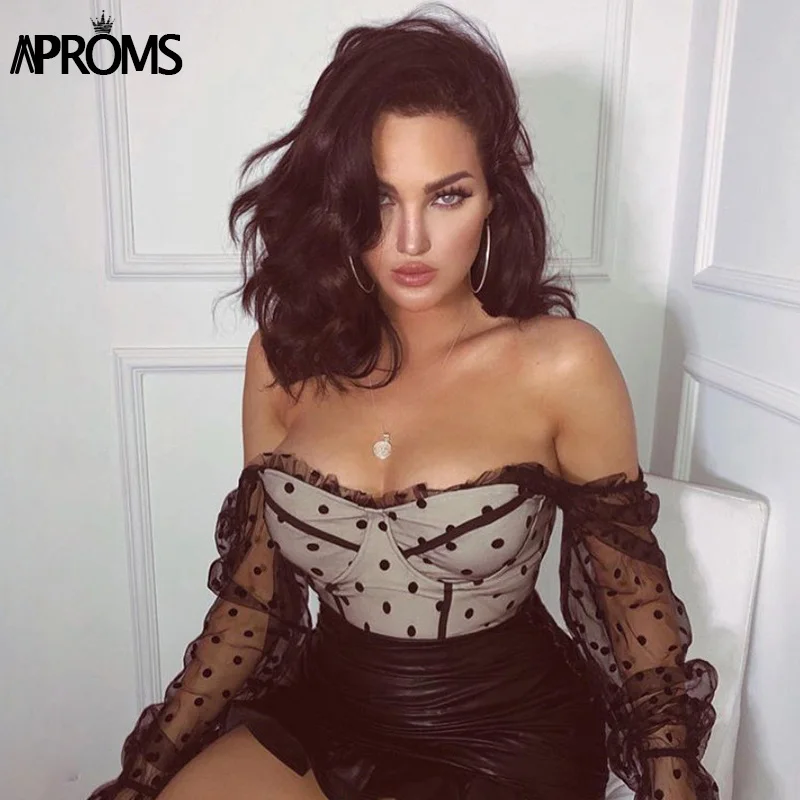 Aproms сексуальные сетчатые топы в горошек для женщин крутой квадратный вырез тонкий облегающий короткий топ Осенняя боковая молния белый черный тройник