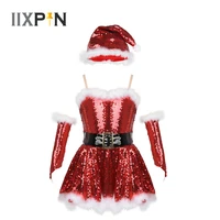 girls christmas santa dance costume sequins figure ice skating roller skating ballet dance leotard dress with hat arm sleeves