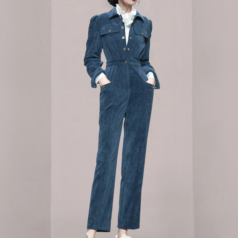 Женский вельветовый комбинезон винтажный элегантный длинный с отложным