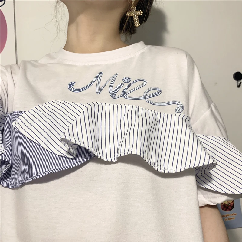 Женская футболка с коротким рукавом круглым вырезом и вышивкой букв в Корейском