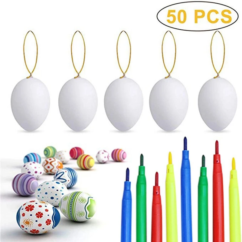

50PCS Easter White Hanging Kids Painting Toy Doodle Eggs with Rope Artificial Eggs DIY Decoration with 8 Color Pencils
