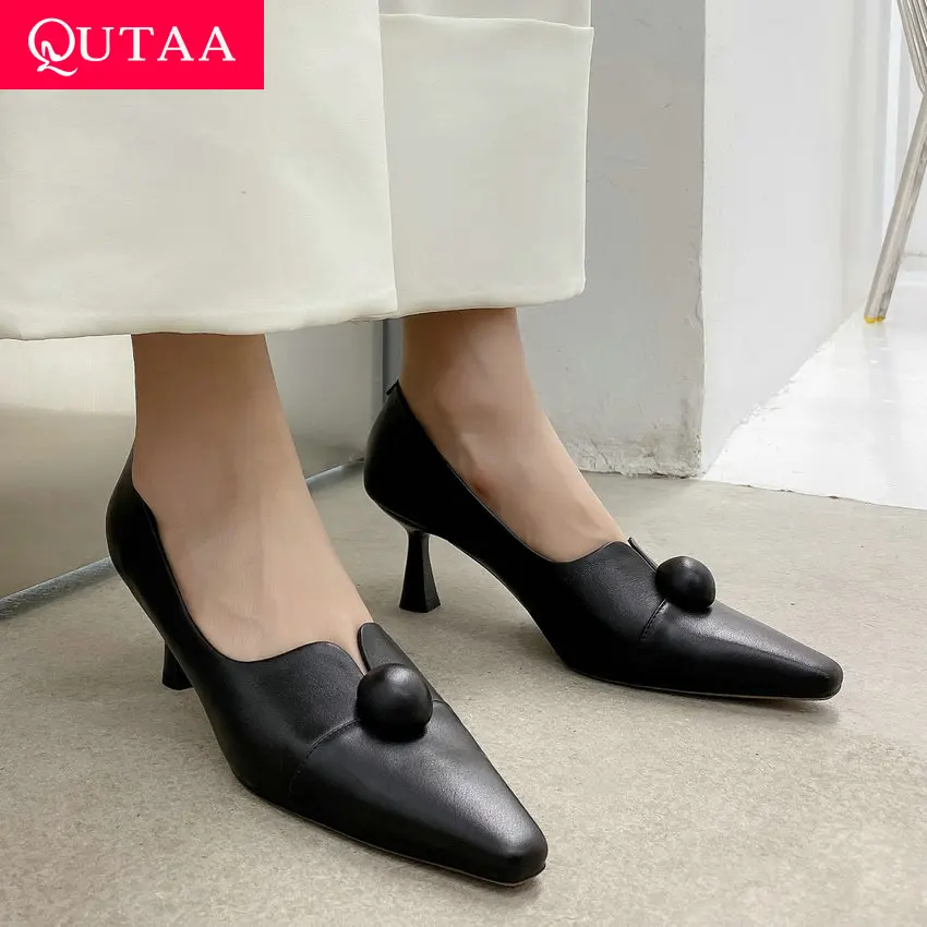 

QUTAA/2021 г. Пикантные женские туфли-лодочки с острым носком весенне-осенняя модная женская обувь из натуральной кожи на тонком высоком каблуке...