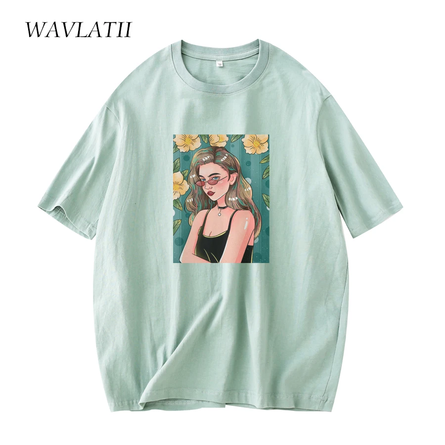 

Женская хлопковая Футболка WAVLATII, с принтом, повседневная, белая, черная, на лето, WT2104, футболки с коротким рукавом