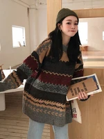 new vintage print sweater women o neck pullover long sleeve pull femme autumn winter 2021 new loose sweater warm outwear
