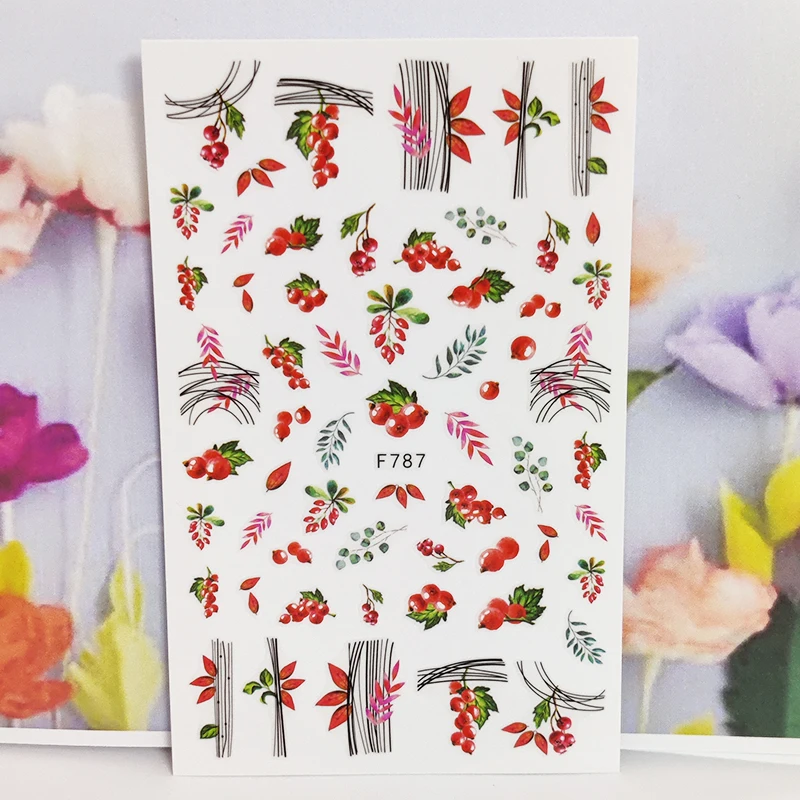 

3D наклейки для ногтей, красный фрукт, лист, трава, дизайн, модные маникюрные наклейки, аксессуары, милое украшение