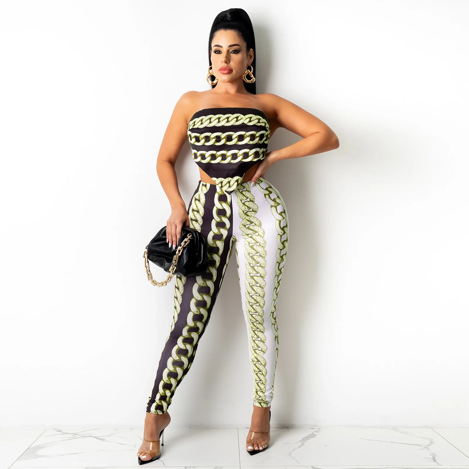 

Summer Fashion Two Piece Set Women Chain Print Tube Top Tights Trousers Suit Ladies Sexy Two Piece Set