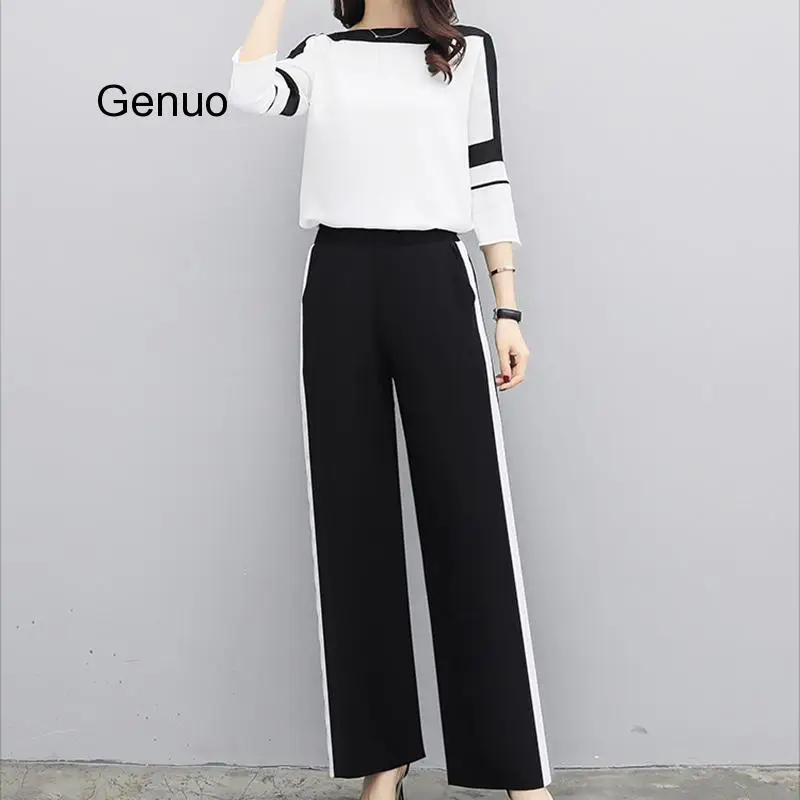 

Шифоновые женские комплекты, элегантные офисные модные комплекты, Топ с длинным рукавом + брюки с широкими штанинами, повседневные костюмы ...