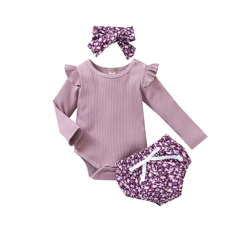 

Одежда для маленьких девочек из трех предметов, модный однотонный комбинезон с длинным рукавом и цветочные шорты с повязкой на голову