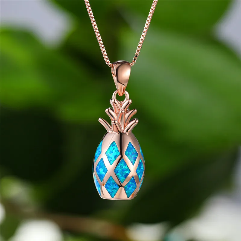 

Cute Female Fruit Pineapple Pendant Necklace Rose Gold Silver Color Chain Necklaces For Women Charm Bridal Opal Wedding Necklace