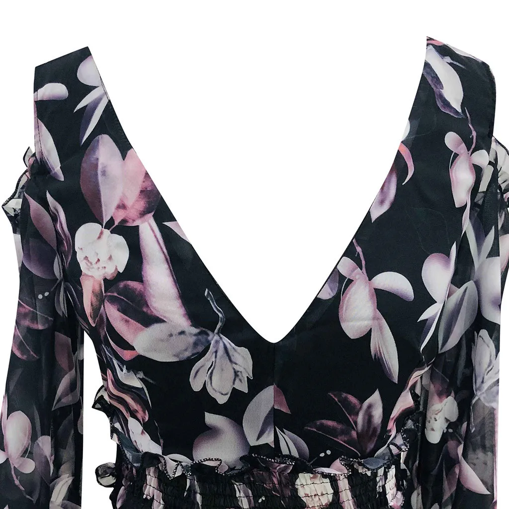 2019 женские платья модные с глубоким v-образным вырезом длинным рукавом цветочным