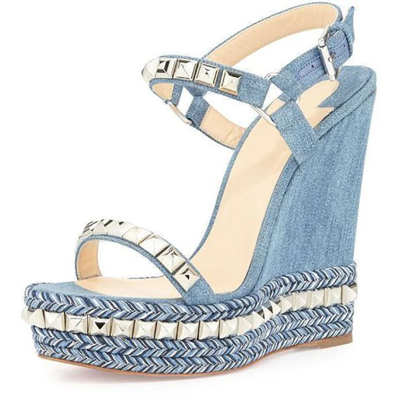 

Prowow Rivet Platform Wedges Sandals Super High Heel Summer Women Shoes Ankle Buckle Round Open Toe Cut Out Silver Sandals