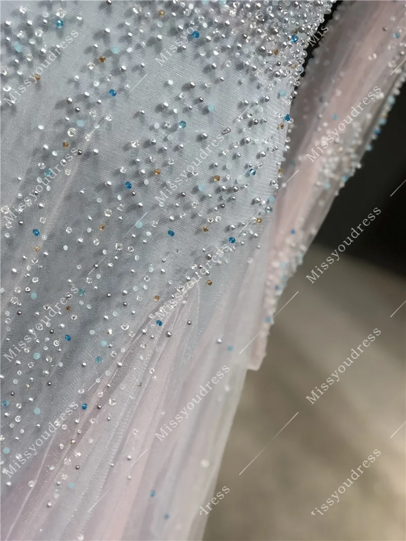 Vestidos de fiesta 2021 Real Pictures Sky Blue Pink Heavy Beads Long Sleeves Floor Length Formal Party Prom Evening Dresses