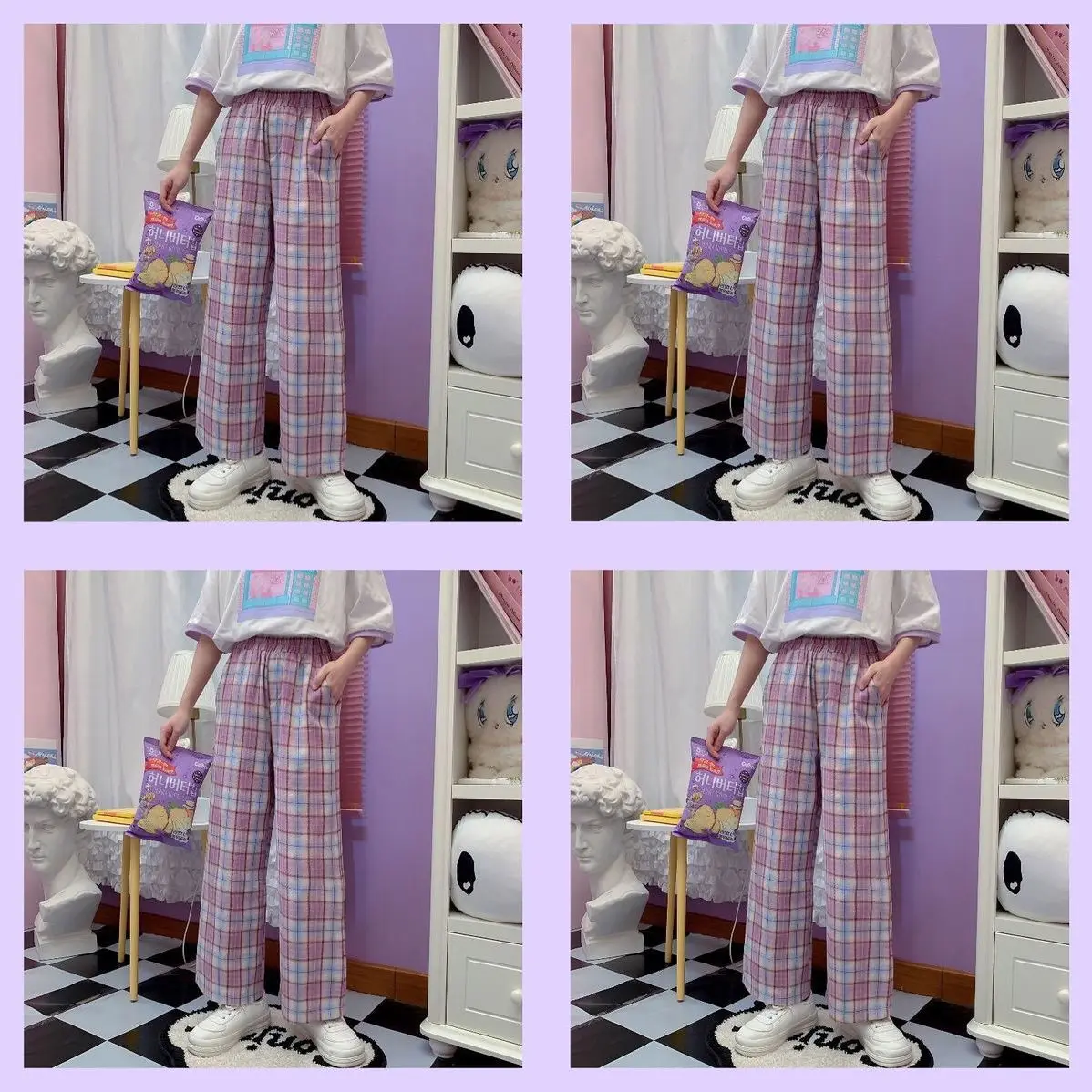 

Plaid Pants Women Casual Chic Oversize 2XL Loose Wide Leg Trousers Retro Teens Harajuku y2k purple All-match Unisex Streetwear