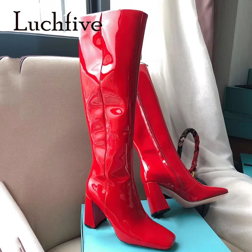 2020 Winter New Collection Designer Boots Knee High Long Mirror Leather Square Toe Heel Lelathe Shoes Women | Обувь
