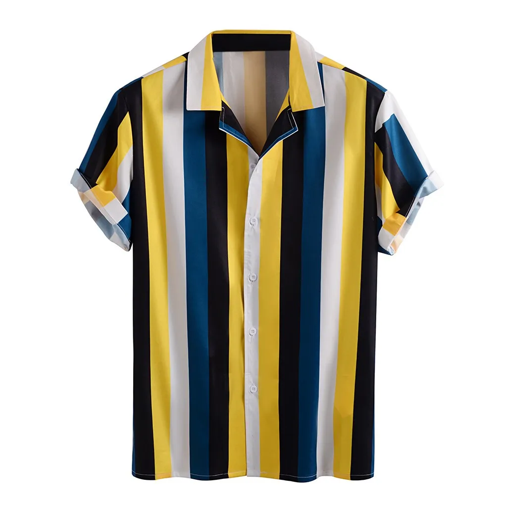 

Mens Striped Printed Hawaiian Shirt Turn Down Collar Short Sleeve Casual Shirts Vintage Clothes Summer Breathable Male T-Shirts