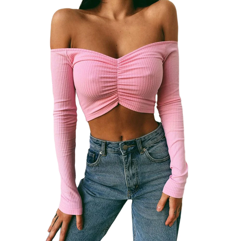 Женская футболка с открытыми плечами длинным рукавом и рюшами | одежда