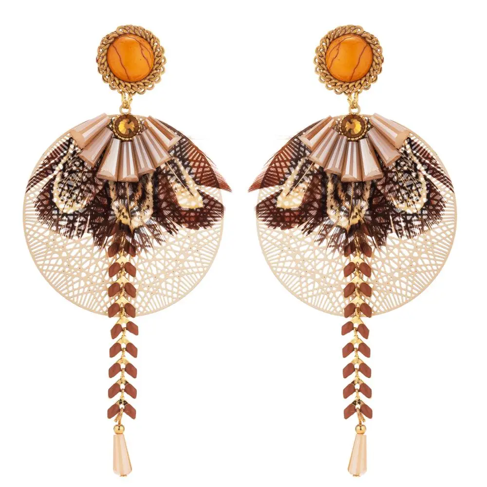 

lureme Bohemian Natural Feather Earrings Round Hollow Dangle Earrings for Women (er006271)