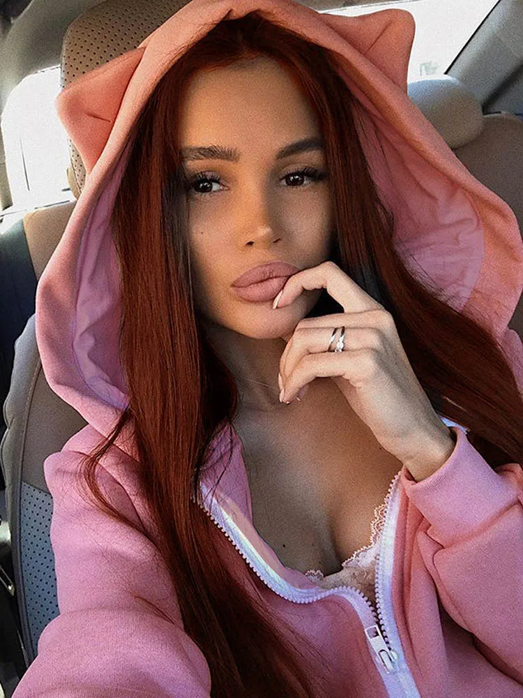 Женская толстовка с капюшоном и молнией розовая дизайнерская Свободная