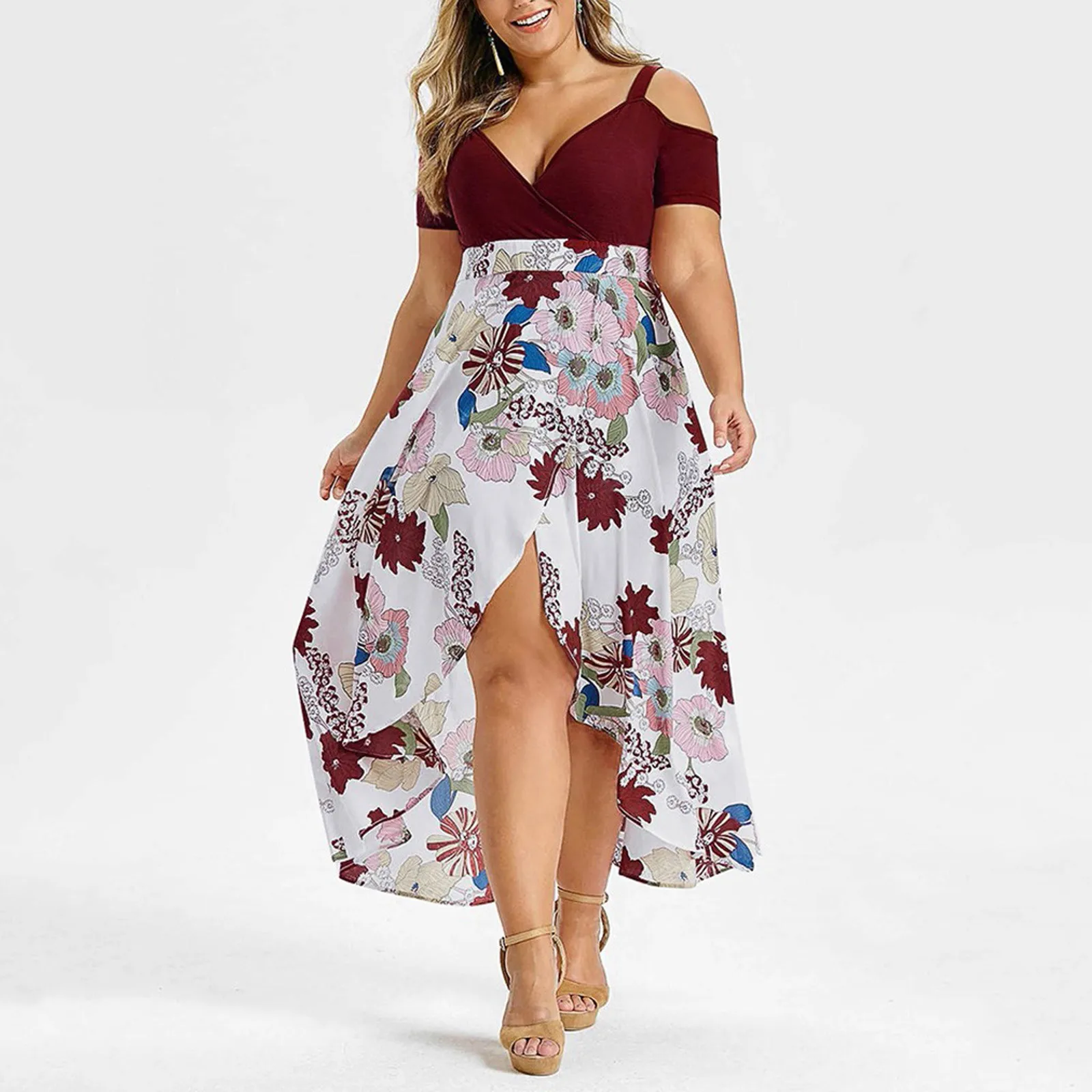 

Vintage Dress Plus Size Women Casual Short Sleeve Cold Shoulder Boho Flower Print Long Dress Large Size Платье На Новый Год 2022