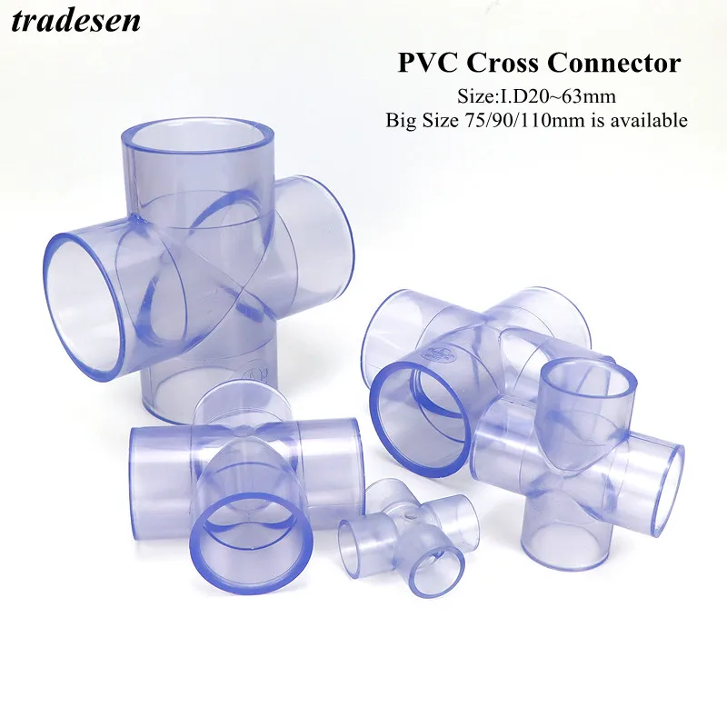 

1Pcs I.D20~50mm PVC Transparent Cross Connector Garden Irrigation Home Water Supply Tube Joints Aquarium Fish Tank Pipe Fittings