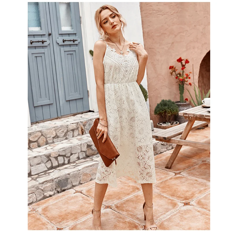 

2021 Summer Women's Party Dress Fashion Sling Lace Solid Color V Collar High Waist Slim Elegant Female Sexy Dress Temperament