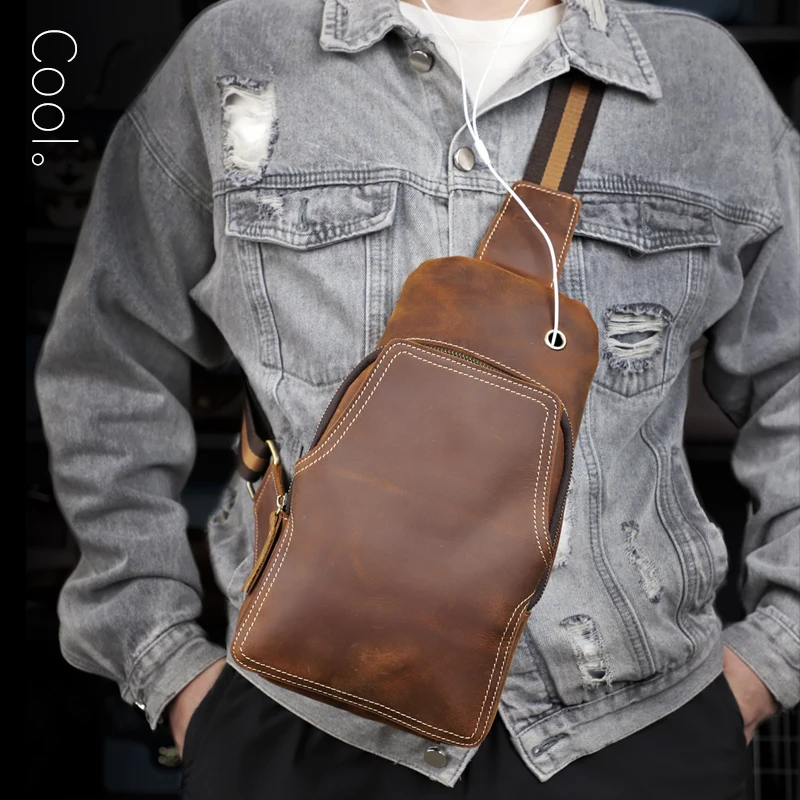 Men Chest Bag Retro Cow Genuine Leather Shoulder Messenger Bag Multi-function Male Outdoor Sport Sling Crossbody Bags