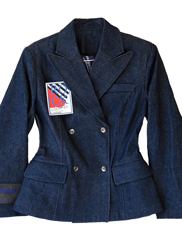 

[DEAT] Notched Double Breasted Long Sleeve High Waist Shape Solid Dark Blue Denim Blazer Jackets For Women 2021 Spring GX208