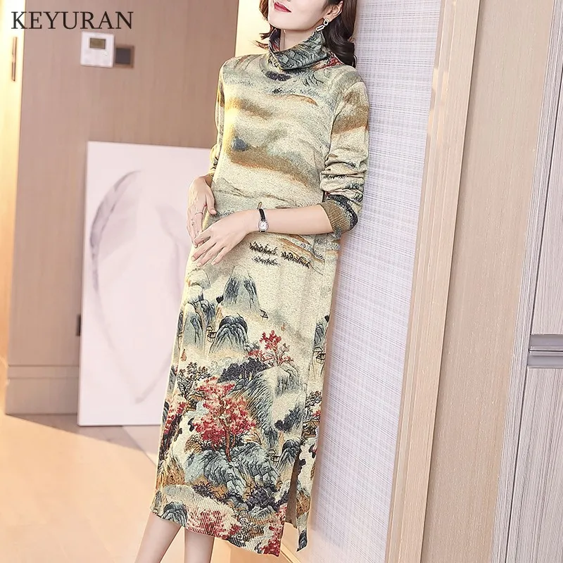 Женское вязаное платье свитер с разрезом свободное Элегантное Длинное Платье