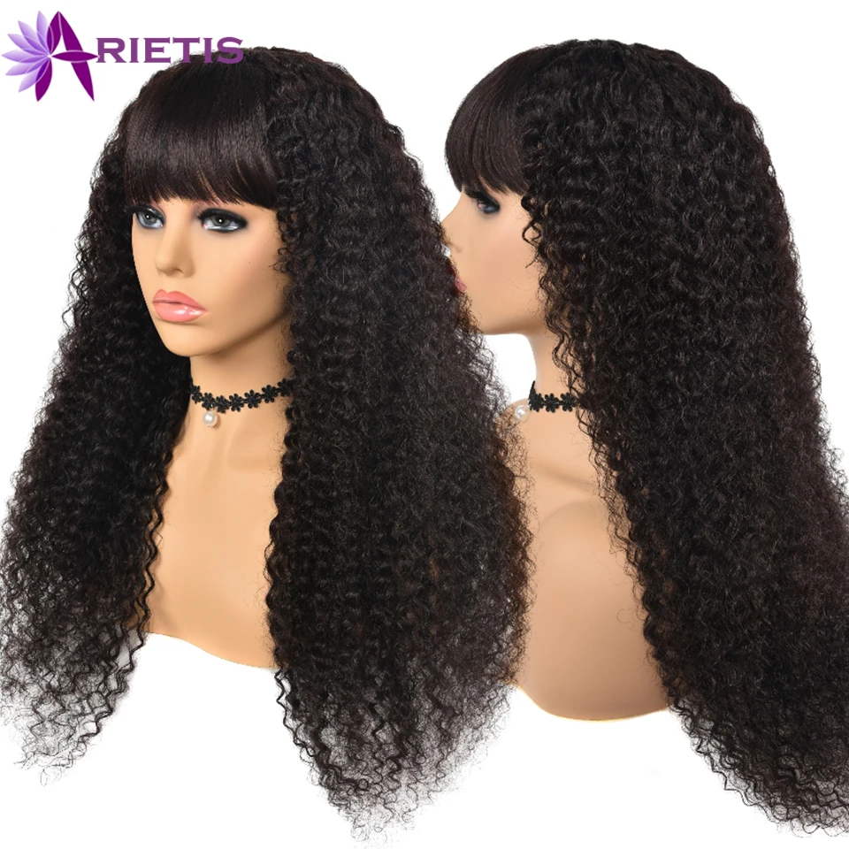 Jerry Curly Human Hair Wigs Full Indian Remy Machine Wig With Bangs 8&quot-24&quotInches Natural Black For Women | Шиньоны и парики