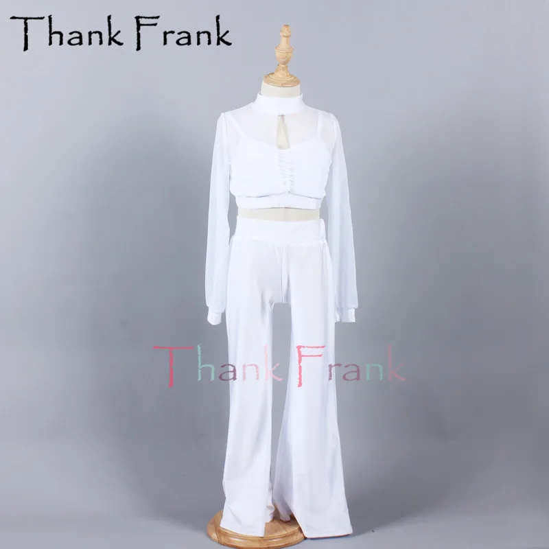 Танцевальные костюмы для женщин, белый комплект из 2 предметов (Топ и широкие штаны), современный костюм с длинным рукавом для танцев