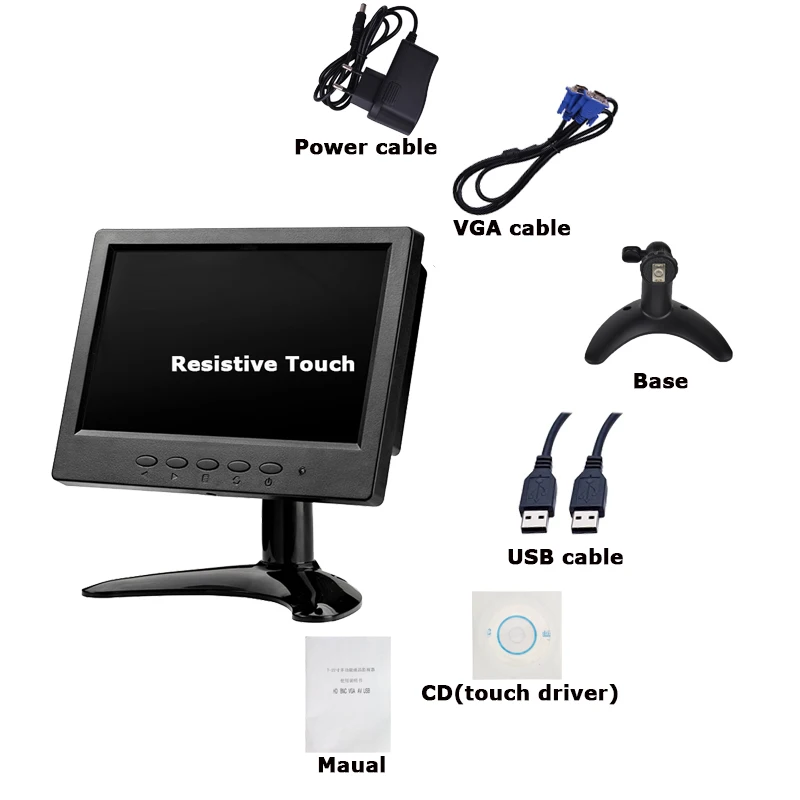 Raspberry Pi 7 дюймов ЖК-дисплей Дисплей 1024*600 на тонкопленочных транзисторах на тонкоплёночных транзисторах Сенсорный экран для контроля уровня сахара в крови с AV BNC USB HDMI VGA Интерфейс резистивный сенсорный монитор сердечного ритма