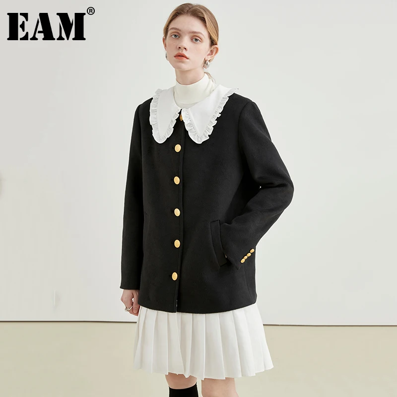 

[EAM] Loose Fit Black Hem Pleated Big Size Woolen Coat Parkas New Long Sleeve Women Fashion Tide Autumn Winter 2022 1DE5938