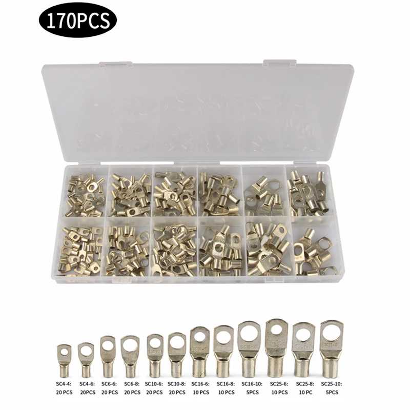 

170Pcs/lot SC Bare Terminals Tinned Copper Ring Lug Terminal Seal Wire Connectors Bare Cable Crimped/Soldered Terminal
