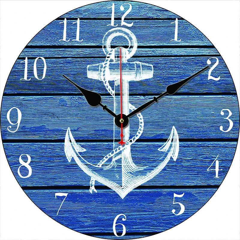 12 Inch Rustic Farmhouse Vintage Style Blue Nautical Anchor Wooden Wall Clock Battery Operated Large Home Watches Clock