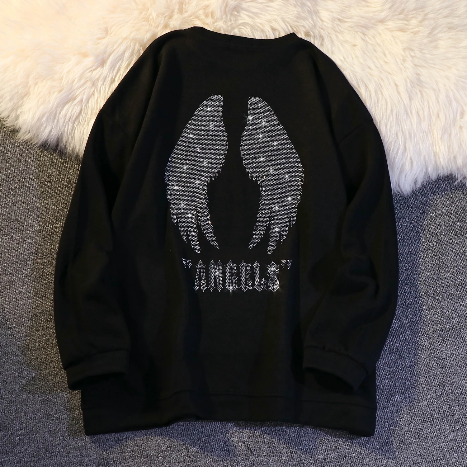 

Свитшот женский с круглым вырезом, готический пуловер с крыльями ангела, украшенный стразами, модная повседневная одежда в Корейском стиле,...