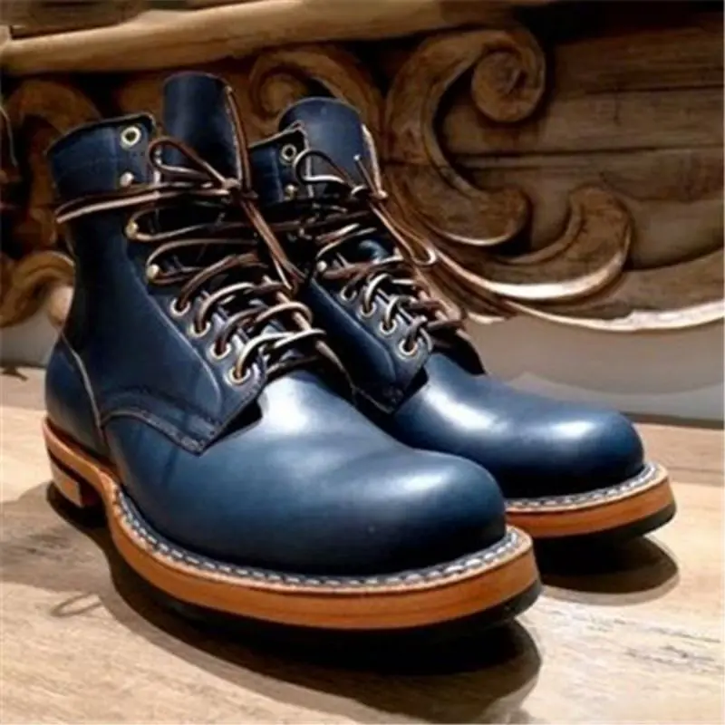 

2021 Autumn and Winter New Men's PU Leather Navy Blue Lace Up High Top Martin Boots Business Dress Boots Motorcycle Boots KA559