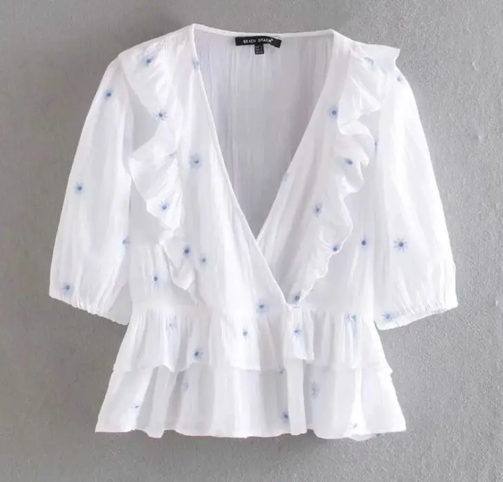 

Женская хлопковая рубашка HCBLESS, белая рубашка с глубоким V-образным вырезом и оборками, с вышивкой, лето