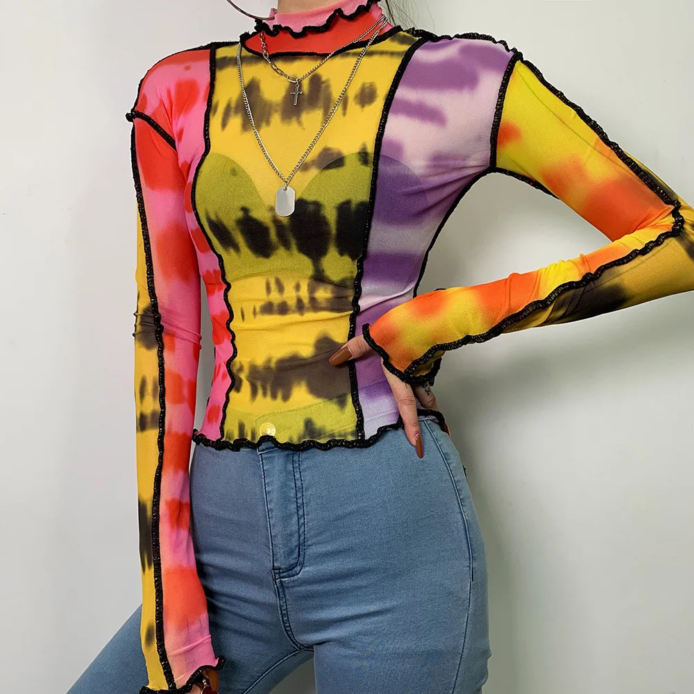 Женская футболка с длинным рукавом и высоким воротником в стиле пэчворк| |