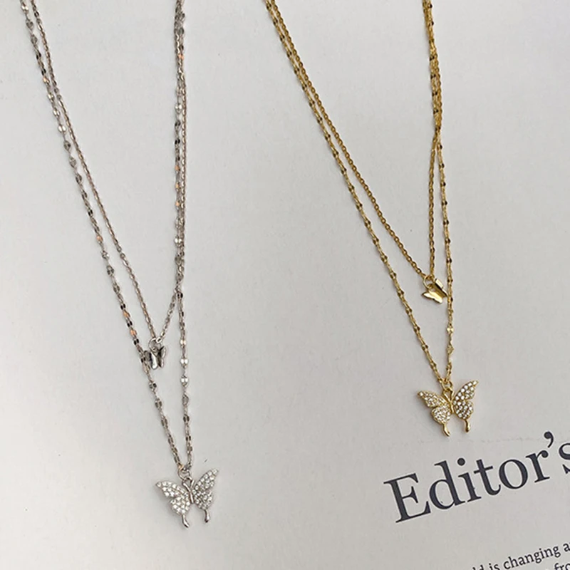 

Layered Gold Platinum Butterfly Necklaces For Women Teens Girls Water Wave Chains Multi-layer Choker Necklaces Fashion Jewelry