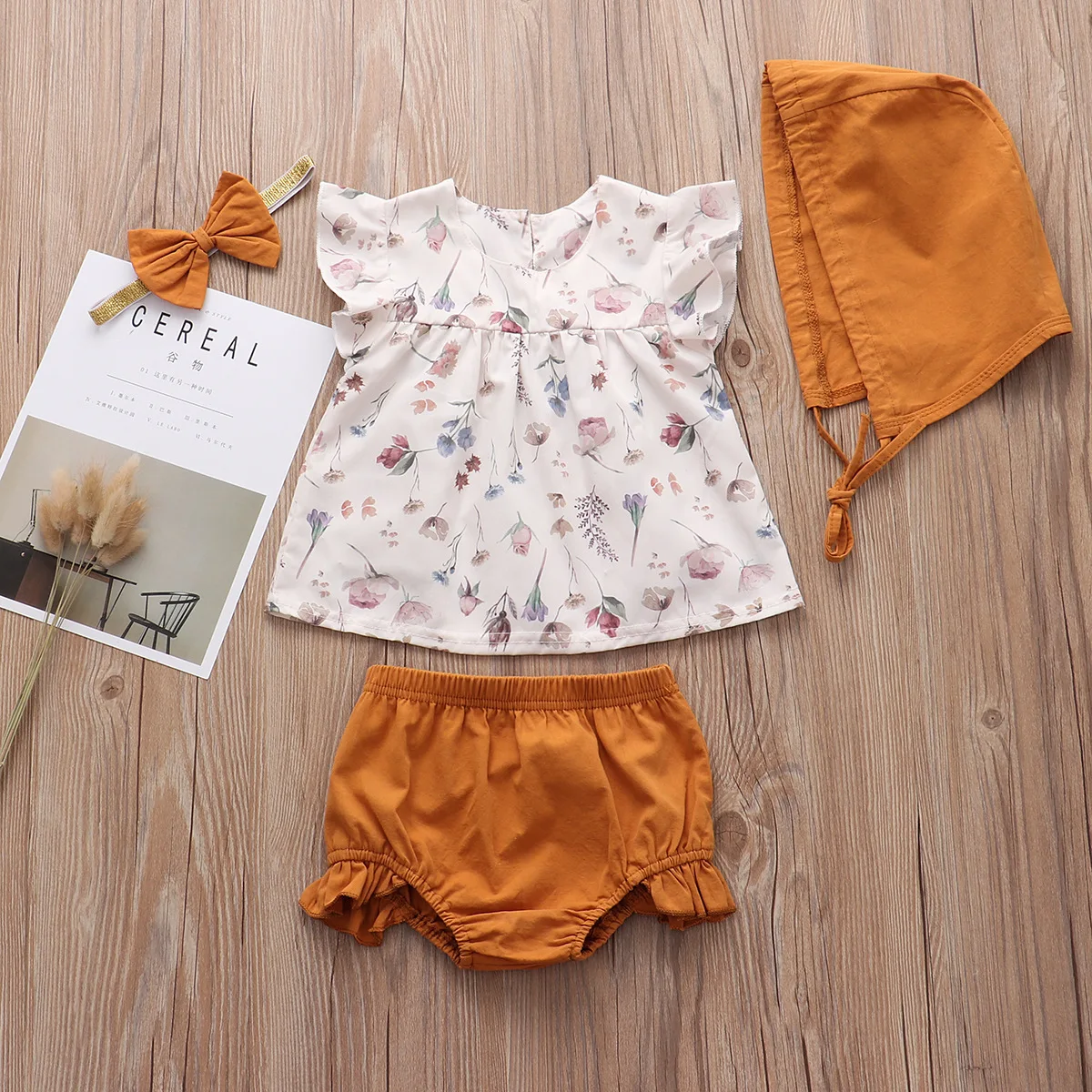 Одежда для маленьких девочек 4 предмета топ с оборками + шорты рюшами повязка на