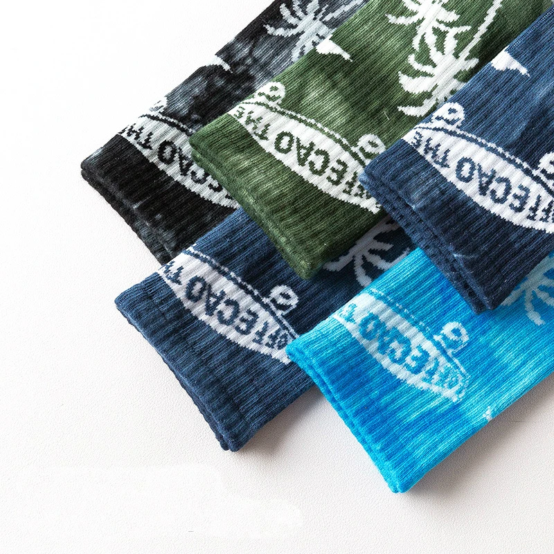 

1Pair Crew Socks Casual Cotton Thick Beach Coconut Palm Mid Length Street Socks Sports Pile Up Sweat Absorb Tie-dyed Socks Hot