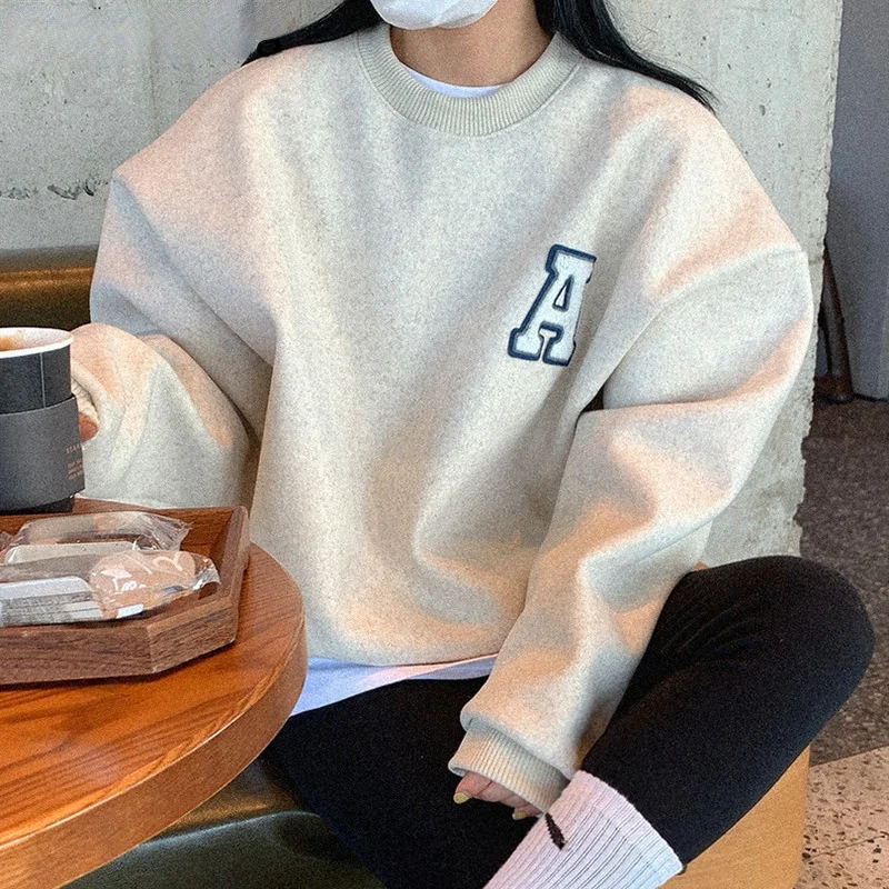 

Повседневный утепленный флисовый пуловер с надписью, свитшот, корейские осенне-зимние женские толстовки, Новый Топ с длинным рукавом, джемп...