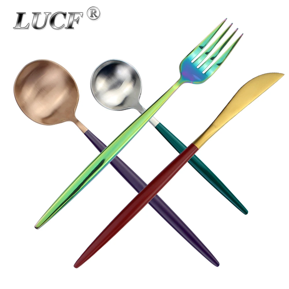 

LUCF Popular Stainless Steel Western Cutlery Colorful Mirror 4 in 1 set Thicker Material Utensils Dinnerware Set For Restaurant