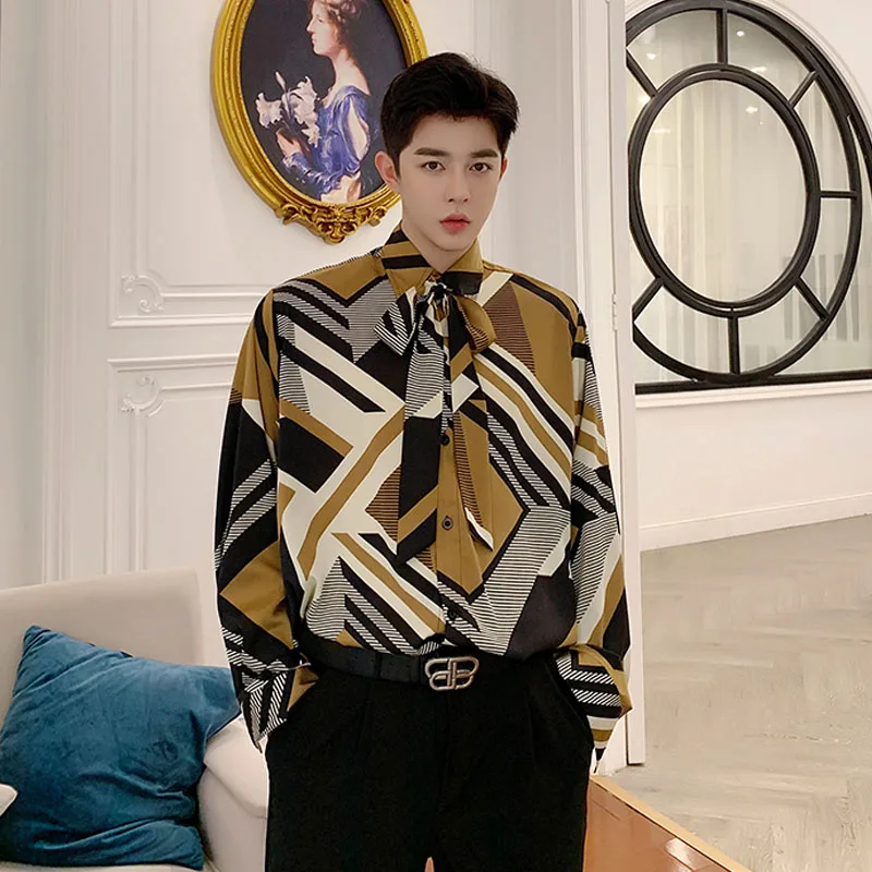 Рубашка мужская с длинным рукавом повседневная винтажным принтом