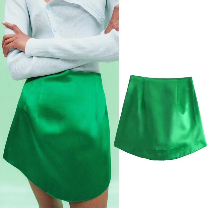 

TRAF ZA ree Summer Skirt Women 2021 Satin Texture High Waisted Mini Skirts Elegant Woman Skirts Fashion Slim Vintage Skirt Mujer