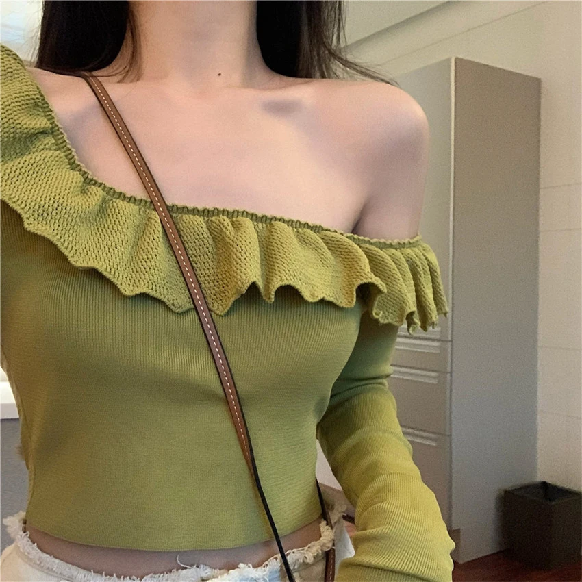 

Korean Fashion Ruffle Knitwear Sexy Off Shoulder Crop Top Women Long Sleeve Elegant Knit Sweater High Street Jumper Pull Femme