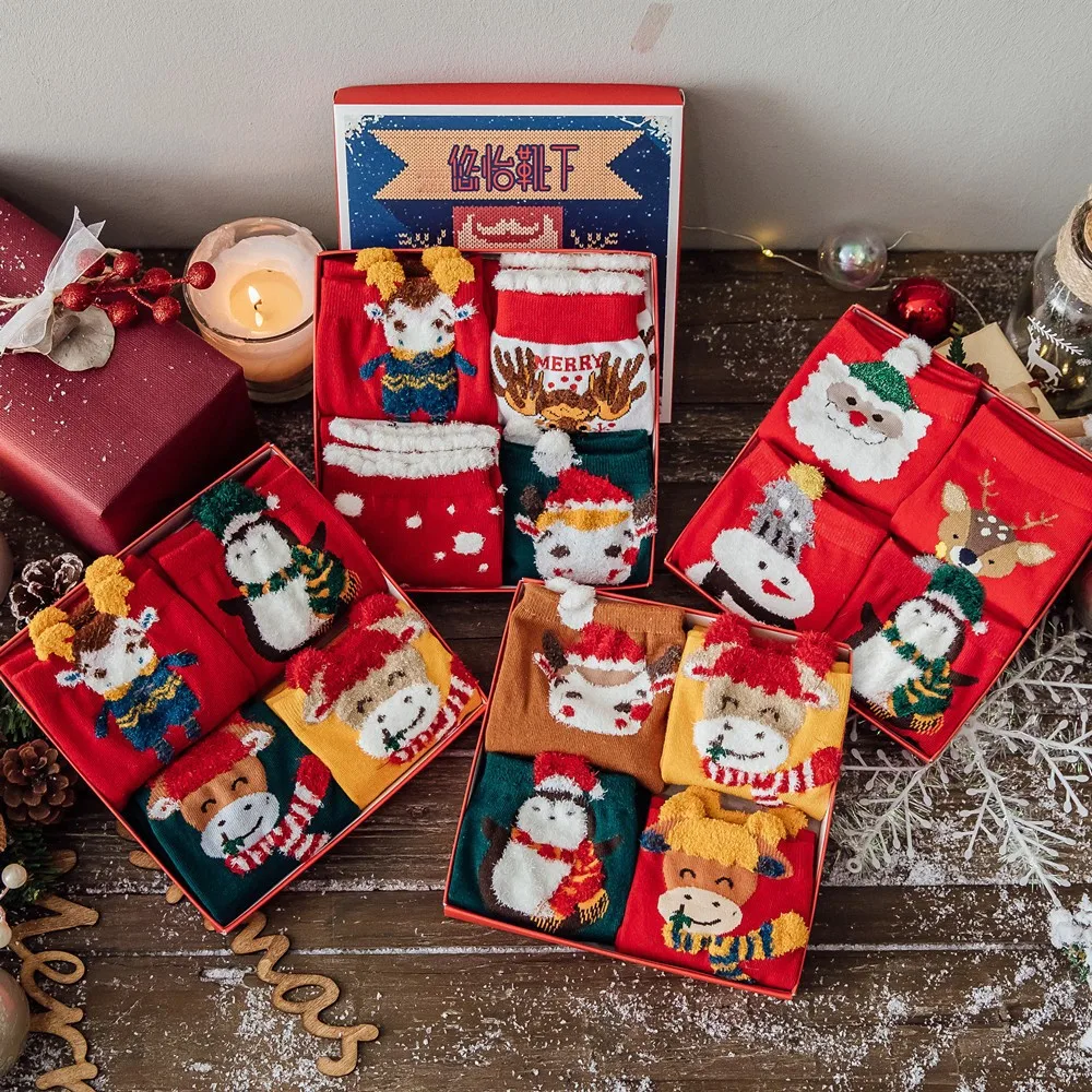 Autumn and Winter New Cartoon Santa Claus 4 Pairs Per Set Gift Box Ladies Christmas Socks New Year Festive Red Crew Socks Women