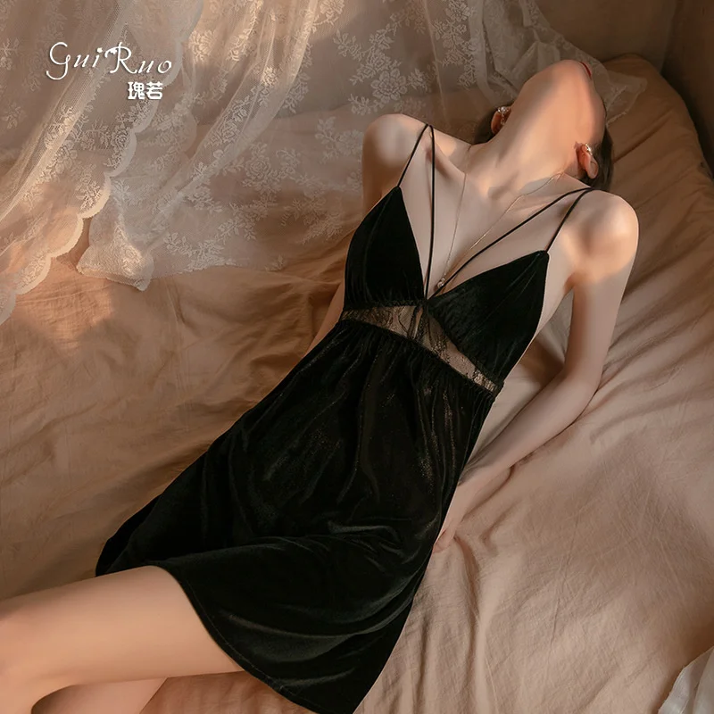 

Guiruo Lingerie Sexy deep V velvet lace perspective Pajama suspender nightdress home suit 566